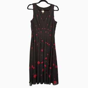 Anne Klein Black Floral Midi Dress Size 12 Sleeveless V Neck Fit Flare